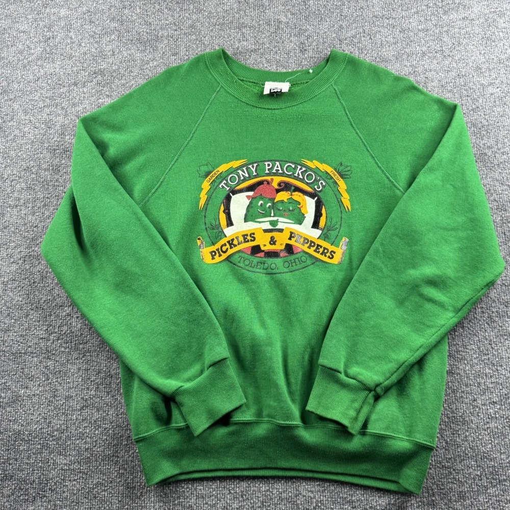 VINTAGE Tony Packos Pickles & Peppers Sweatshirt Mens M Green Toledo Ohio 90s